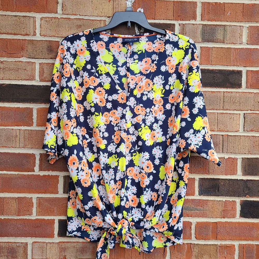 Jones New York Signature Floral Tied Short Sleeve V-Neck Blouse Size Women's 2X
